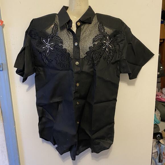 Vintage 90s ClubZ Floral Embroidered Black 2Pc TopShorts OutfitSet LinenCotton S - Picture 8 of 14